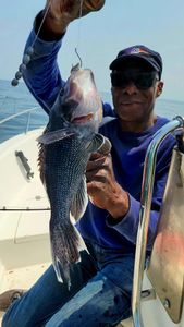 A person fishing for a sea bass in New Jersey