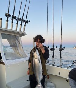 Angler holds a large Chinook salmon caught while fishing in Manistee