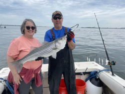 A massive striped bass caught on a thrilling deep sea fishing adventure!