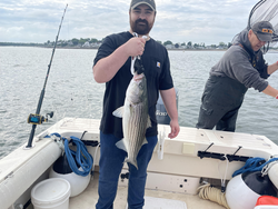 17-inch striped bass landed after a thrilling deep sea fishing session!