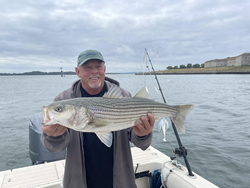Nice striped bass using deep sea jigging and light tackle!