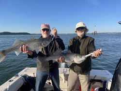 Nice striped bass action today using deep sea jigging and light tackle!