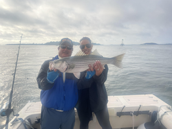 Nice striped bass caught using deep sea jigging and light tackle in Hingham!