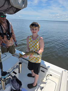 Hooked a 15-inch redfish while jigging in clear Milton waters!