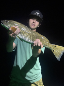 Reeling in a redfish while jigging on a clear day in Milton!