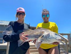 Angler with a large black drum fish caught in Pleasanton