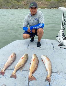 Successful angler holding 4 redfish, 17 inches each, in Pleasanton