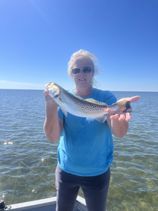 Nice speckled trout on light tackle jigging in clear conditions!
