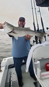 Reeling in bass by Boston's skyline.