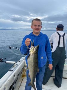 Photograph of a pink salmon, 22 inches long, caught while fishing in NY