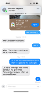 "Coordinating a meet-up at a Caribbean nightclub using a shared navigation app."