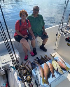 Four large fish caught by two people fishing in Key Largo
