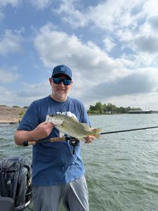 A fisherman holding a 16-inch Largemouth Bass in TX