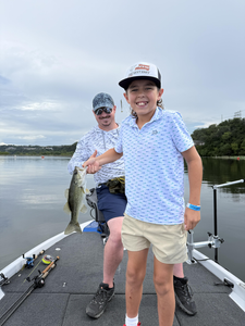 Reeling in a 14-inch Largemouth Bass under partly cloudy skies!