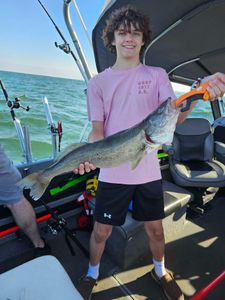 A fisherman holding a large walleye fish in Ohio