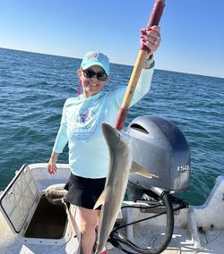 A fisherman holding an Atlantic Sharpnose Shark in Alabama