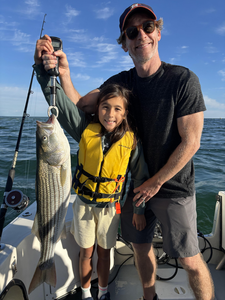 Nice striped bass caught at Barnstable Harbor using deep sea techniques. Clear conditions made for great fishing!