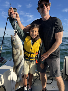 Nice striped bass using deep sea jigging techniques in clear conditions!