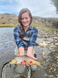 Brown trout caught fishing in South Portland Maine with landing net