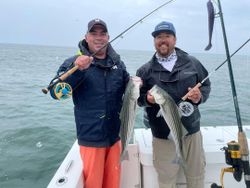 Two striped bass caught by two people in Keansburg