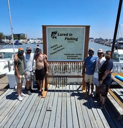 Fishing charter display board showing caught fish at Port Clinton OH marina