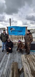 Fishing charter catch display with walleye and perch hung on rack at Port Clinton OH dock