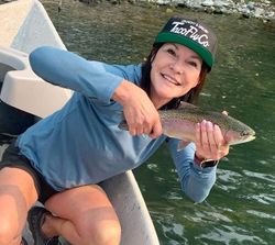 A single rainbow trout, 8 inches long, caught while fishing in California.