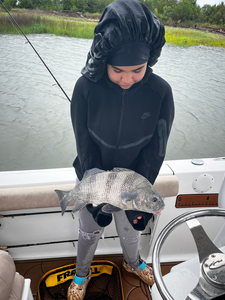 Nice Black Drum caught using deep sea jigging and trolling techniques in partly cloudy conditions.