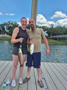 Redfish and bluefish caught by two anglers in South Carolina