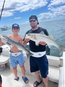 Two striped bass caught during a fishing tour in East Dennis