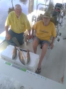 Three fishing enthusiasts reeling in their catch in Florida