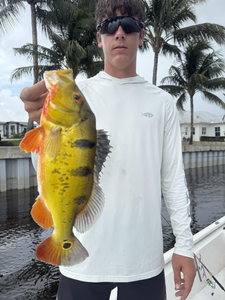 Reeling in an impressive Peacock Bass at the picturesque Lake Ida!