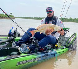 Photograph of a fisherman with a large redfish catch in TX