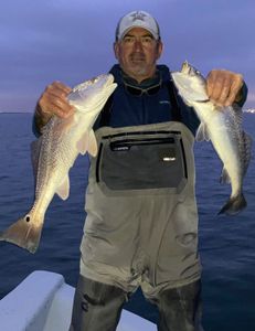 Angler holds two big redfish caught while fishing in Galveston