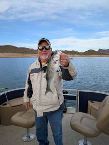 A content fisherman proudly displays his catch against the backdrop of the serene lake and rugged mountains, capturing the peaceful joy of an outdoor adventure.