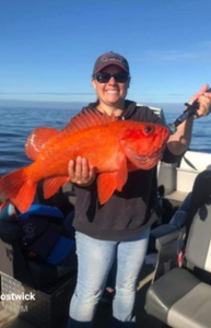 A fisherman holding a 25-inch fish in Gold Hill