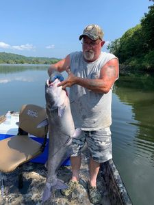 Proud angler with a big blue catfish in Tennessee