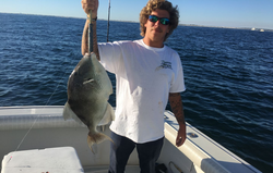A fisherman holding a grey triggerfish in FL