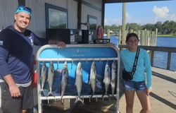Two anglers with a catch of 6 great barracuda and spanish mackerel fish in Panama City