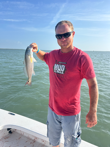 Hooked a feisty redfish while deep-sea jigging in South Padre Island!