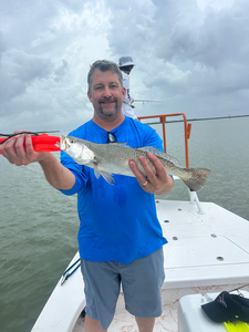 Reeled in a big spotted weakfish off the Texas coast using deep sea jigging techniques!