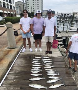Successful fishing trip in Morehead City NC with King Mackerel and Spanish Mackerel catch displayed on dock