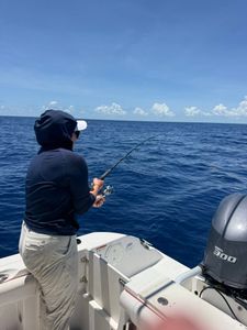 Deep sea fishing from boat in Little Torch Key FL waters with bent fishing rod