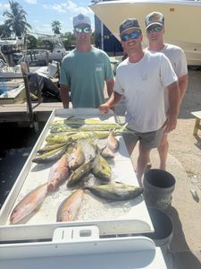 Fresh caught yellowfin and mixed fish species displayed on cleaning table at Little Torch Key FL marina