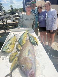 Fresh caught mahi mahi and other fish displayed on cleaning table at Little Torch Key FL marina