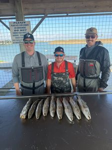 Fishing catch display of multiple fish on cleaning station table at Matagorda TX fishing facility