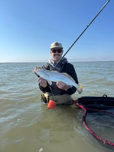 Angler holding speckled trout while wade fishing in Matagorda TX waters