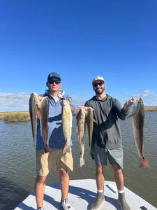 Two anglers with three redfish in TX