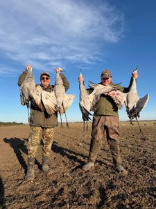 Two hunters displaying sandhill cranes after successful hunt in Matagorda TX field