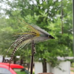 Fishing fly with feathers and hook displayed outdoors in Alba TX